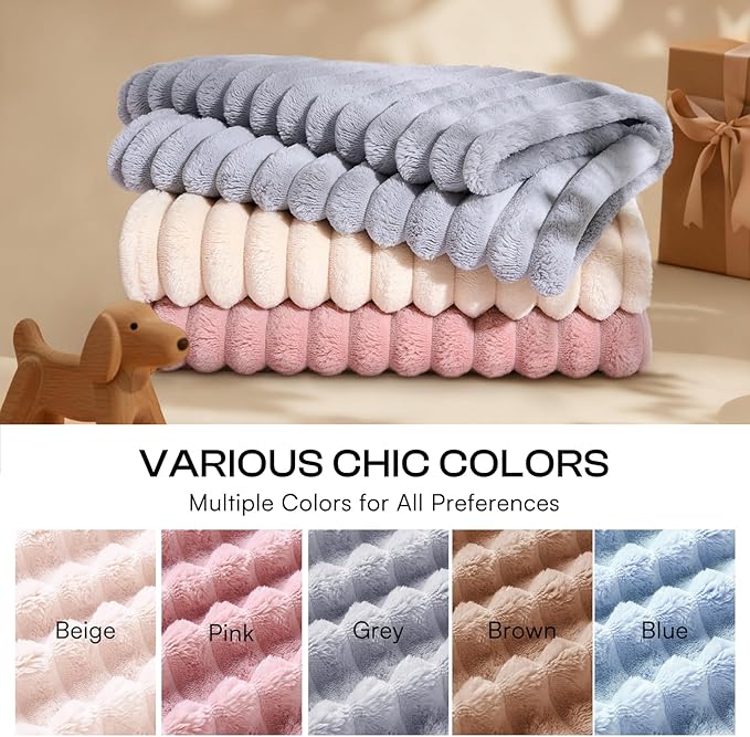 LINENLUX 1 Pack 3 Soft Fleece Dog Blanket for Pet Washable Warm Cat Puppy Fluffy Calming Flannel Beige/Pink/Grey Large