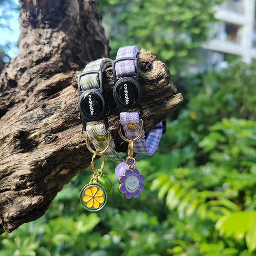 2 Pack Cotton Breakaway cat Collars with Bell,Safety Quick Release Pendant Cute Kitten Collar,Adjustable 20-30cm (Purple+Grass Green, 20-30cm)