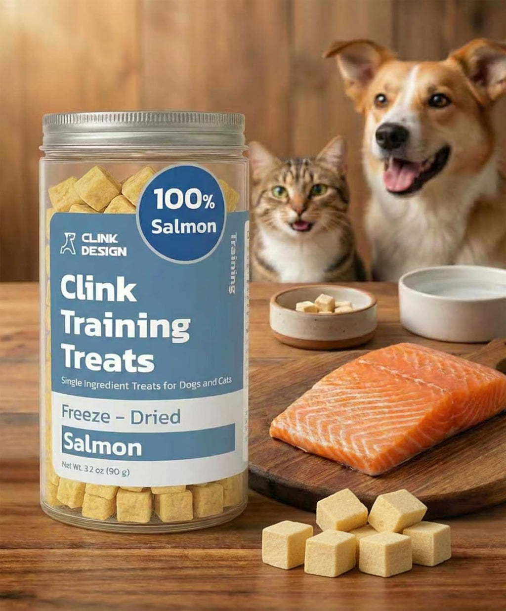 Clink Design Dog Training Treats, Freeze Dried Salmon Treats, 3.2oz | Salmon Treats for Dogs and Cats, Single Ingredient High Protein Reward Snacks