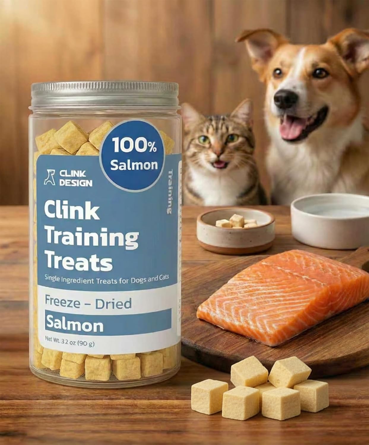 Clink Design Dog Training Treats, Freeze Dried Salmon Treats, 3.2oz | Salmon Treats for Dogs and Cats, Single Ingredient High Protein Reward Snacks