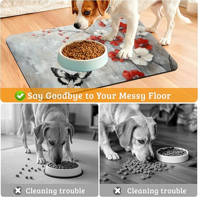 ButterflyFlowers Dog Cat Food Mat,Red White Absorbent Waterproof Placemat for Food and Water Non Slip Rubber Backing Durable Feeding Pad for Clean Floors 16" x 24"