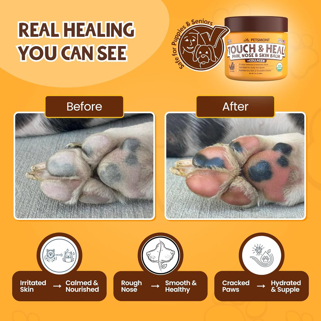 Touch & Heal Organic Paw Balm for Dogs 2oz - Cream Lotion Protection Moisturizer Nose Natural Soother Hot Pavement Wax Dry Paws Cracked Butter Protectors Pad Snout Puppy Elbow Foot Pet