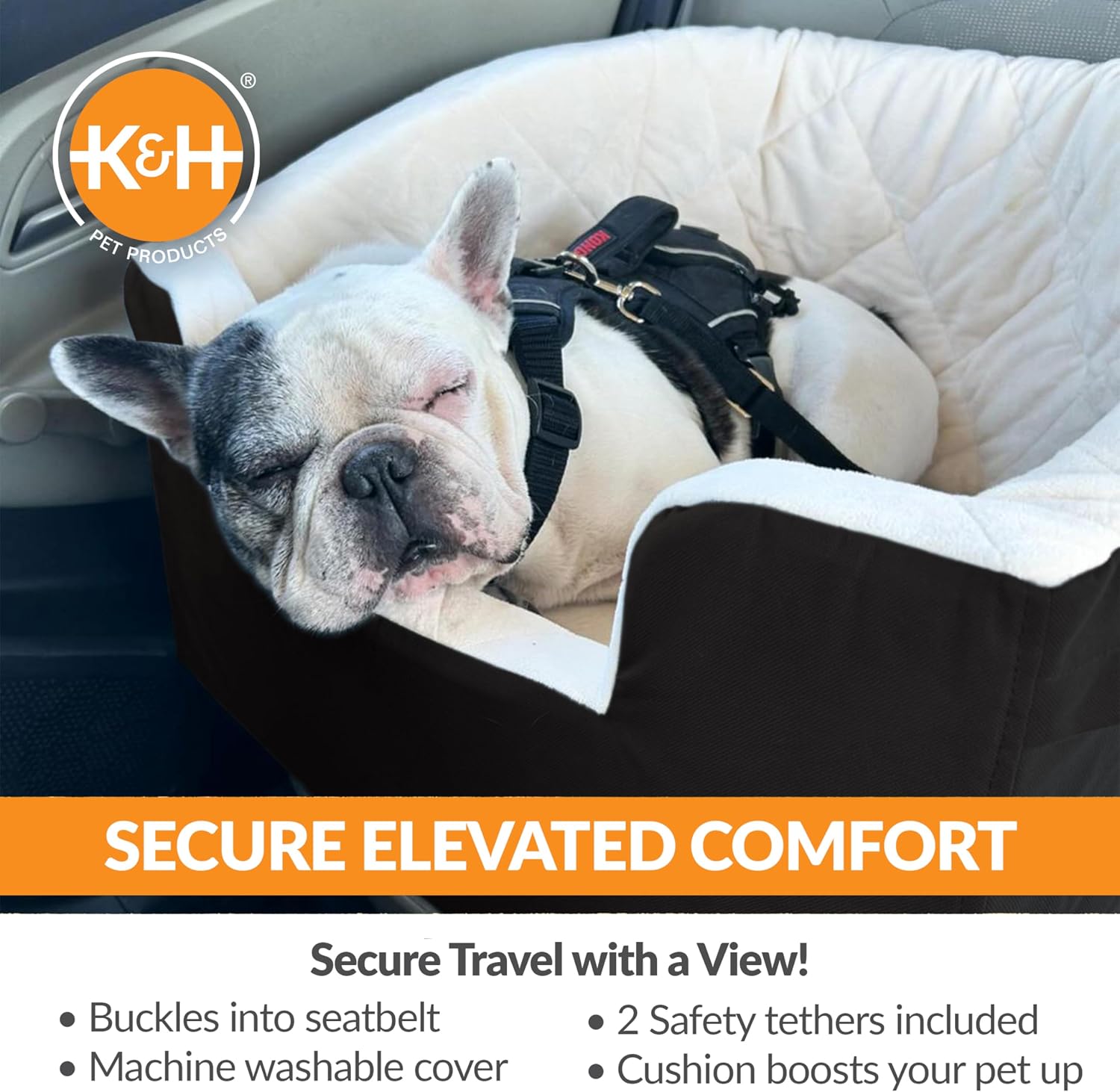 K&H Dog Car Seat, Bucket Booster for Small to Medium Pets, L Black/Cream | Collapsible Dog Car Seats for Small Dogs. Seat Belt Secured, 2 Safety Leashes, Washable Covers