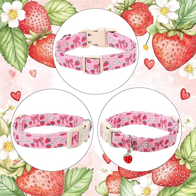 Strawberry Bow Dog Collar for Puppy Small Dogs - Cute Pink Spring/Summer Girl Dog Collars, Lightweight Adjustable Female Girly Dogs Collars with Quick Release Buckle XS