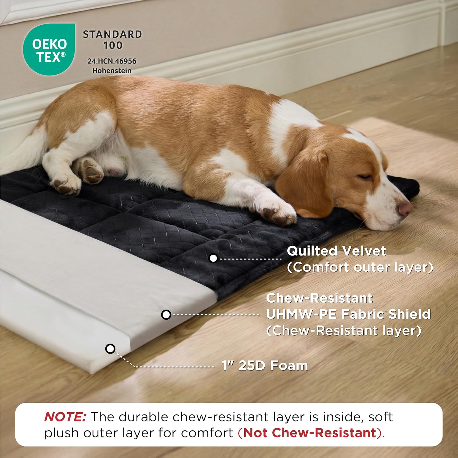 Bedsure Chew Proof Dog Bed for Large Dogs, 35x22 Inch, Black | Chew Resistant Dog Crate Pad Durable Pet Kennel Mat, Reinforced Corners, Machine Washable, Soft Velvet Surface, Easy to Clean