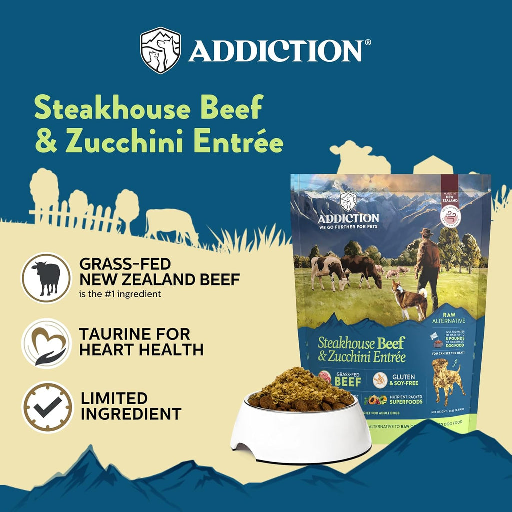 Addiction Steakhouse Beef & Zucchini Air-Dried Grain-Free Dog Food – Complete Meal or Topper with Natural Ingredients for Digestive and Skin & Coat Health, 2lb - 4 Packs