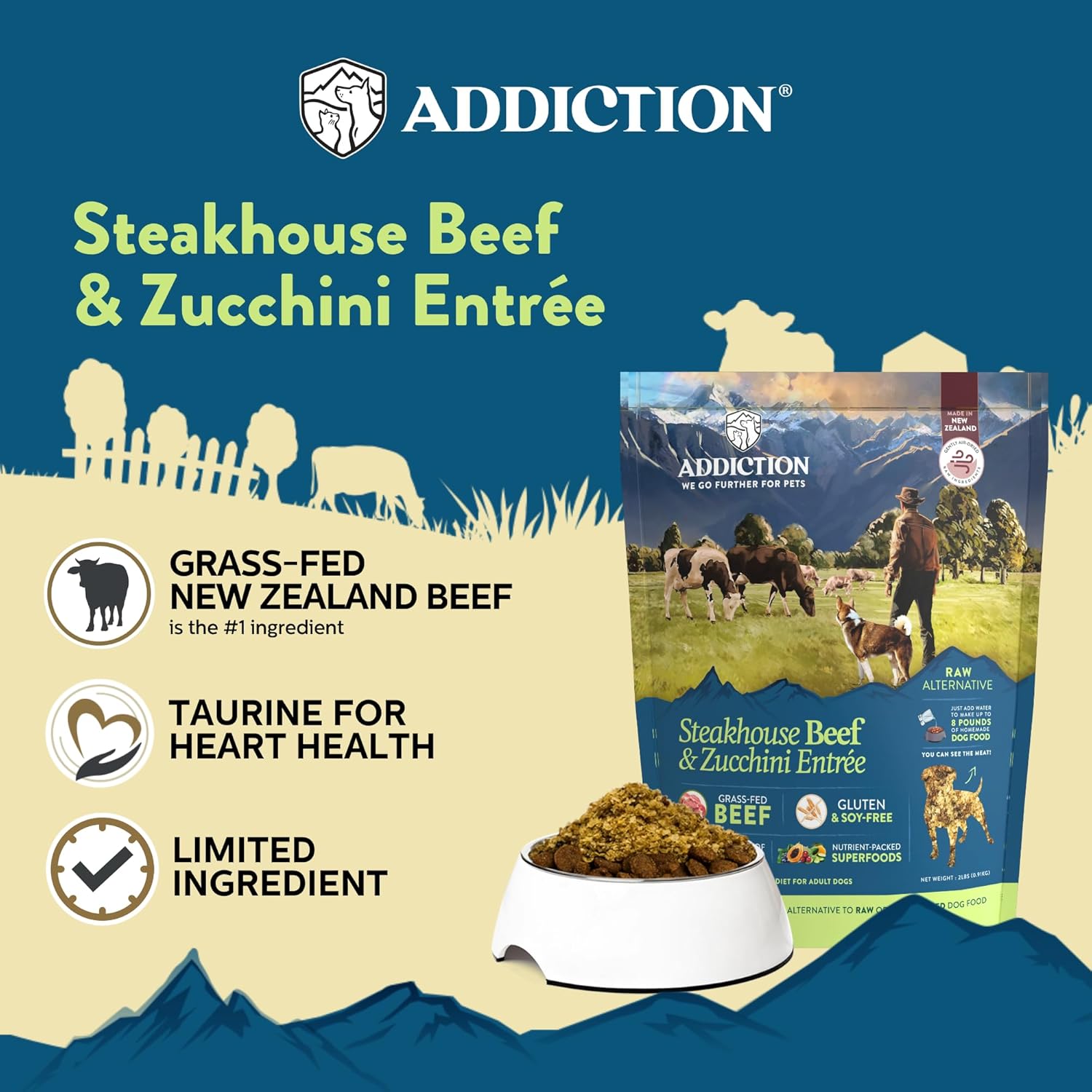 Addiction Steakhouse Beef & Zucchini Air-Dried Grain-Free Dog Food – Complete Meal or Topper with Natural Ingredients for Digestive and Skin & Coat Health, 2lb - 4 Packs