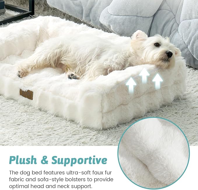 Faux Rabbit Fur Orthopedic Dog Bed, Dog Bed for Large Size, Supportive Foam Pet Sofa with Waterproof Lining Cover, Washable U-Shaped Pet Couch with Anti-Slip Bottom, Beige L 36x27x6.5 inch