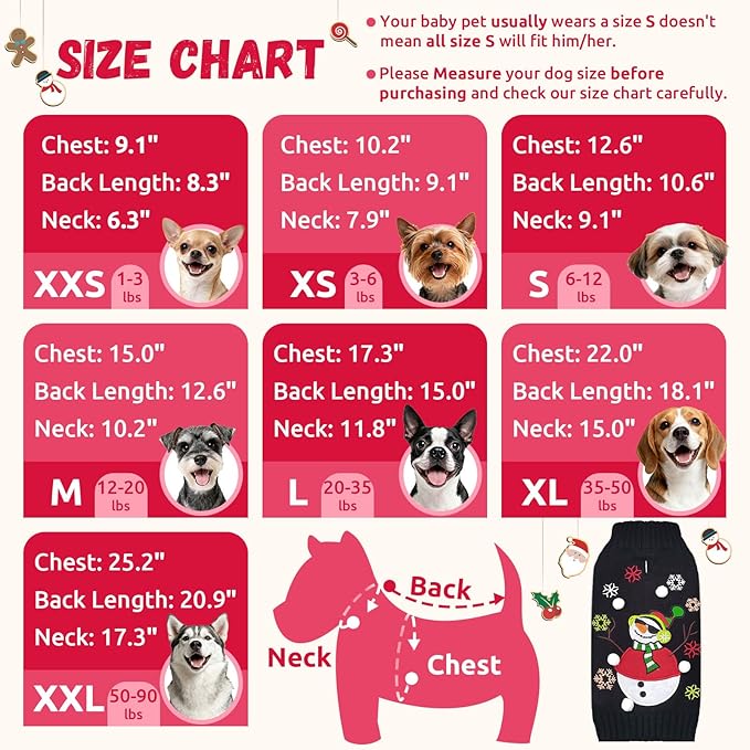 Christmas Dog Sweaters Xmas Pet Outfit Clothes Cute Black Snowman Costume Puppy Cat Knitted Jumpers (S,Black Snowman)