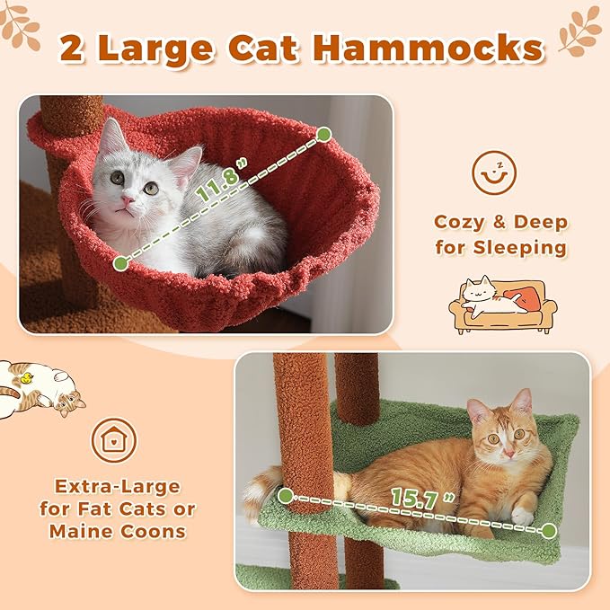 PETEPELA Floor to Ceiling Cat Tree, Adjustable 90.5''-100.4'' Cat Tower Mushroom Climbing Tree with Scratching Posts, Spacious Condo and Large Hammock for Indoor Cats Large Adult, Brown