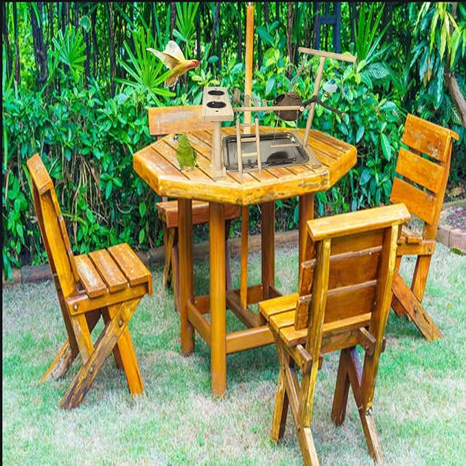Parrots Playground Bird Play Stand Natural Wood Parrot Perch Gym Playpen Parakeet Nest with Feeder Cups Ladders Lovebirds Cage Accessories Toy Exercise Activity Center for Conure Cockatiel Lovebirds