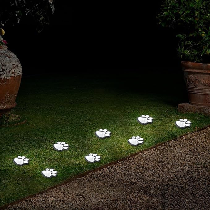 Animal Paw Print Solar Lights Outdoor Garden Decor, 8 Pack Paw Print Lights with Cord, IP55 Waterproof Yard Pathway Decor Light, Cold White Color Light, New Home Birthday Christmas Gift