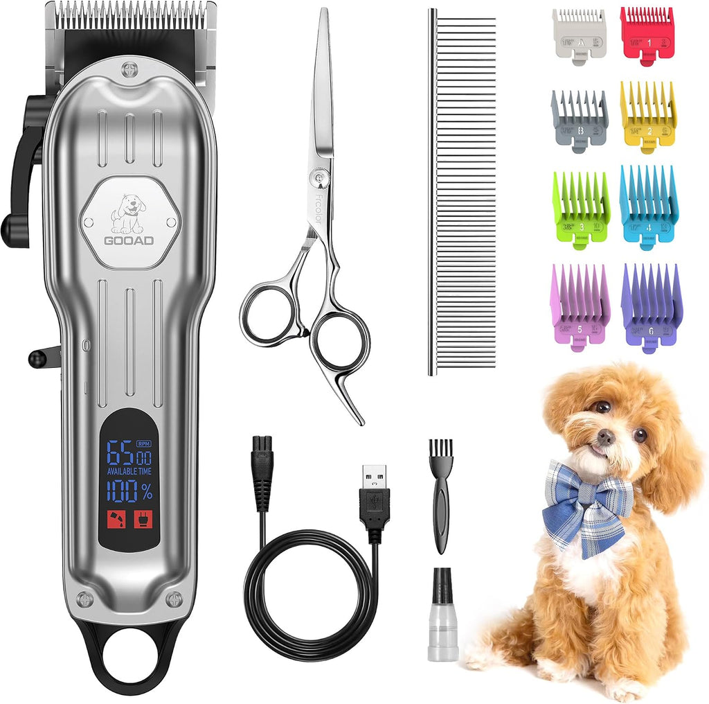 Dog Cordless Grooming Kit Low Noise for Heavy Thick Hair&Coats | <55dB Quiet, 240Min Runtime,LED Display,8 Combs,Stainless Steel Blade,Dog Trimmer for Thick/Matted/Knotted/Hair(Sliver)