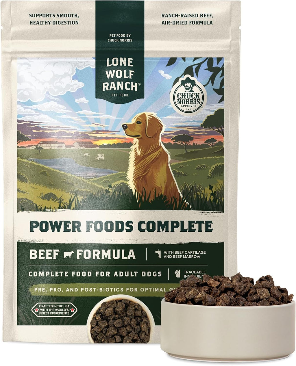 Chuck Norris Power Foods Complete Air-Dried Dog Food, High-Protein Recipe with Superfoods, Glucosamine, Probiotics & Postbiotics for Full-Body Adult Dog Nutrition, Beef 24oz