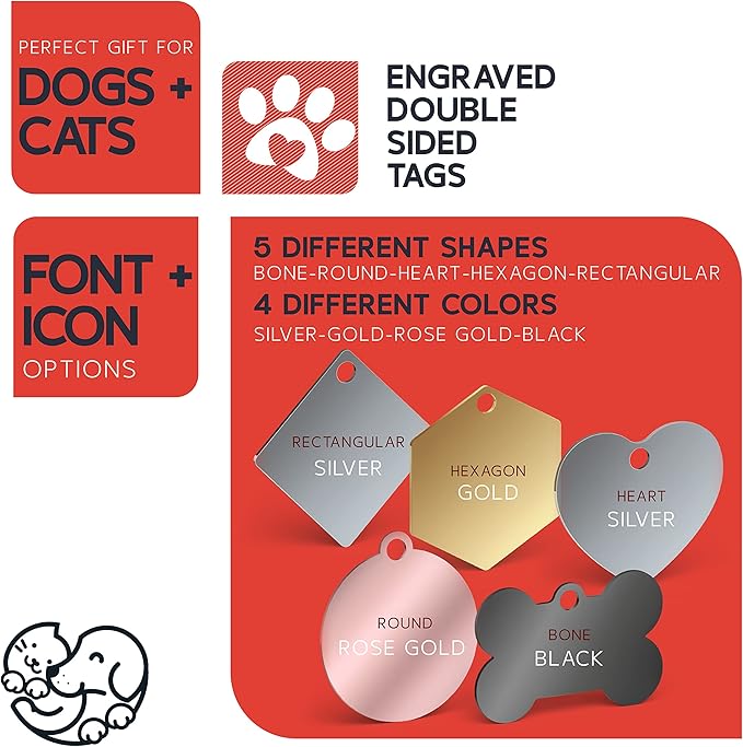 Engraved Pet ID Tags for Cats, Dogs - 4 Color & 5 Shape Options, Personalized w/ 20 Icons, Name, Address, Phone Number - Accessories for Four Legged Friends, Stainless Steel #Round - Silver
