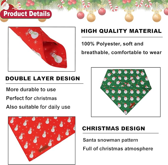 ADOGGYGO Christmas Dog Bandanas 2 Pack, Reversible Santa Snowman Xmas Pet Scarf Bib, Adjustable Fit Red Green Christmas Bandana for Medium Large Dogs (Large)