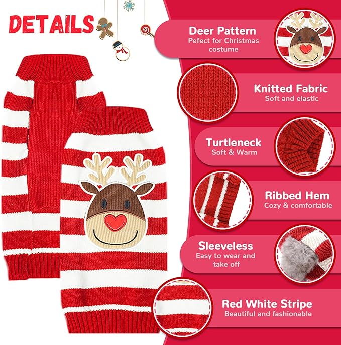 Dog Christmas Sweater Cute Striped Reindeer Xmas Pet Clothes Holiday Puppy Cat Costume New Year Gifts for Small Medium Large Dogs Jumpers (XXL, Red White Stripe Reindeer)