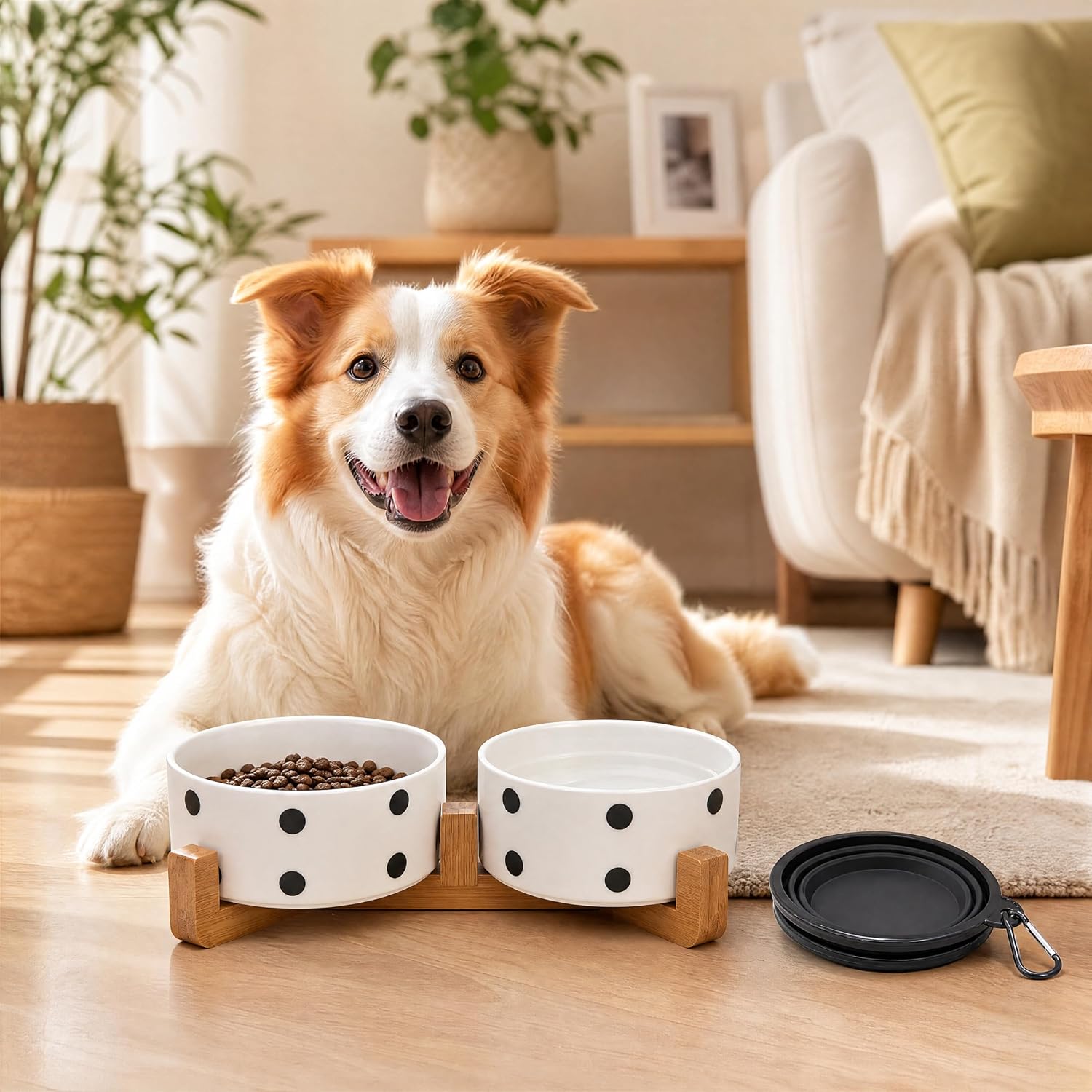Petygooing Ceramic Dog Bowl Set with Stand,Cat Pet Food and Water Dishes,Small Dog Bowls Anti -Slip Set of 2 Cat Bowls Pet Food Dish Small Size Pet (13.5OZ/5.1 in) Black Dot