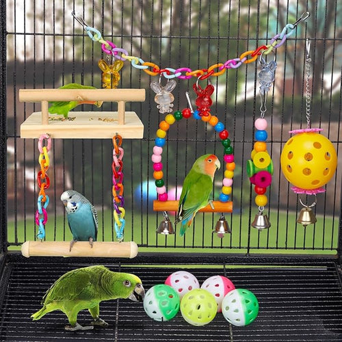 11Pcs Bird Platform Stands Swing Hanging Chewing Toy Parrot Climbing Ladder Colorful Bird Cage Toys for Parakeet, Conure, Cockatiel, Love Birds, Finches
