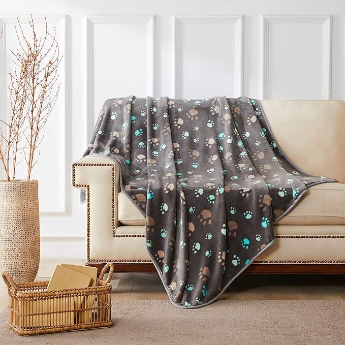 Allisandro 350 GSM-Super Soft and Premium Fuzzy Flannel Fleece Pet Dog Blanket, The Cute Print Design Washable Fluffy Blanket for Puppy Cat Kitten Indoor Outdoor, Grey, 40 x 32 Inches