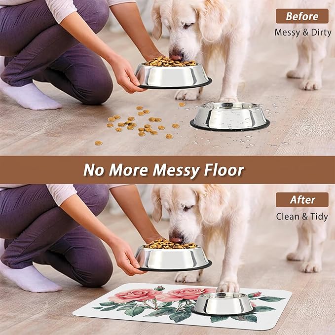 Pink Rose Pet Feeding Mat,Vintage Absorbent Quick-Dry Cat Dog Food and Water Bowl Mats,Non-Slip Rubber Backing Mat,Cat Dog Accessories Supplies 12"x20"
