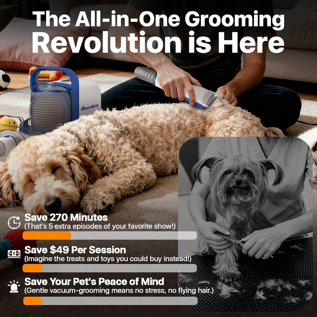 Buenkee Dog Grooming Vacuum Kit, 15000Pa Clipper, Shedding Brush, 2L, White | Brush, trim and deshed at home with less flying fur, mess-control suction and fewer emptying breaks during longer sessions