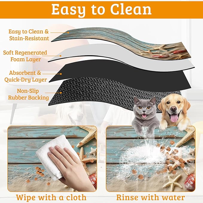 Sand Starfish Dog Cat Food Mat,Wood Board Absorbent Waterproof Placemat for Food and Water Non Slip Rubber Backing Durable Feeding Pad for Clean Floors 16" x 24"