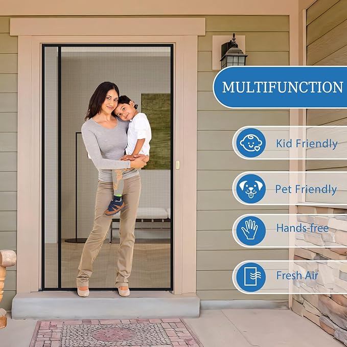 Magnetic Screen Door Left Right Side Opening Upgraded PET Mesh Greater Than Fiberglass and Polyester,Keep Bugs Out,Pet & Kid Friendly,Suitable for Sliding Doors,Patio French Doors-74" X 98"