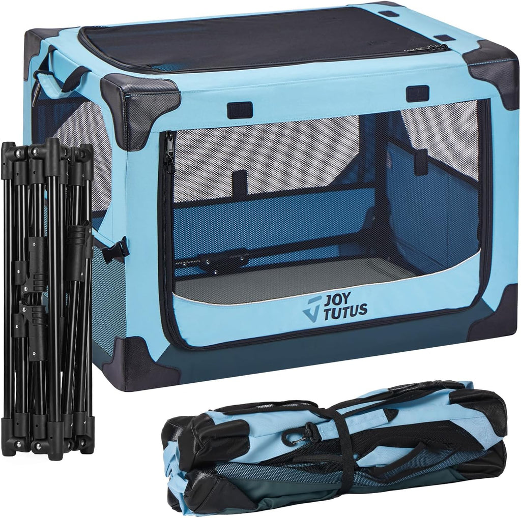 JOYTUTUS Collapsible Dog Crate, 26 Inch Portable Pet Crate for Car, Travel Dog Kennel Foldable Dog Crate for Medium Dog 44lbs, Soft Cat Carrier Fit for Indoor & Outdoor/Car Back Seat/Trunk (Blue)