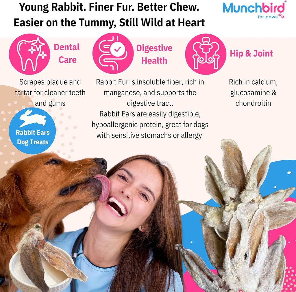 Munchbird Dehydrated Rabbit Ears 100g (3.5 oz) 12-15 pcs for Dogs, European Furry Rabbit Ear Natural Fiber for Pets, Rawhide Free Alternative to Pig Ears Dog Treats, Ear Size Varies