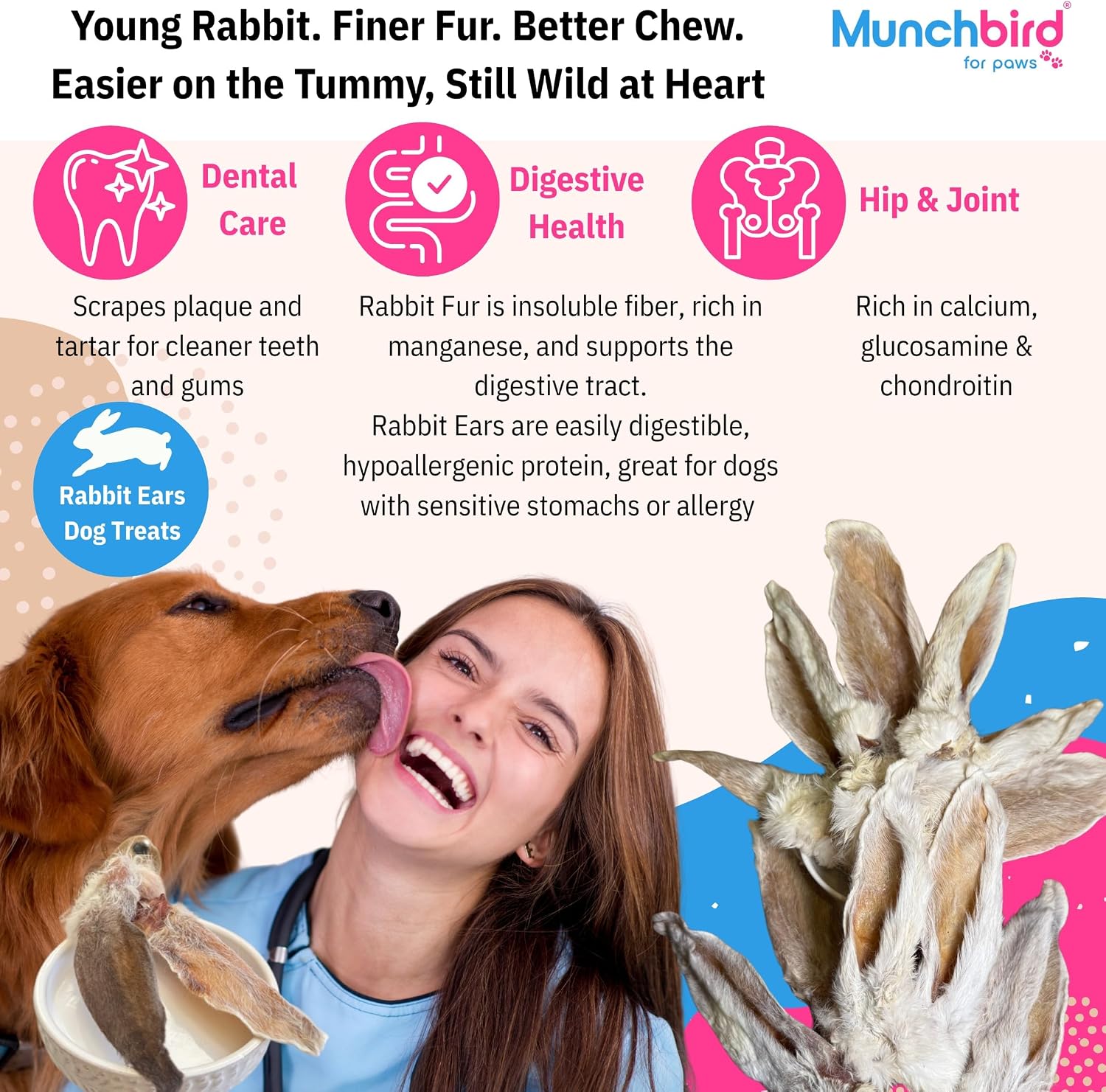 Munchbird Dehydrated Rabbit Ears 100g (3.5 oz) 12-15 pcs for Dogs, European Furry Rabbit Ear Natural Fiber for Pets, Rawhide Free Alternative to Pig Ears Dog Treats, Ear Size Varies