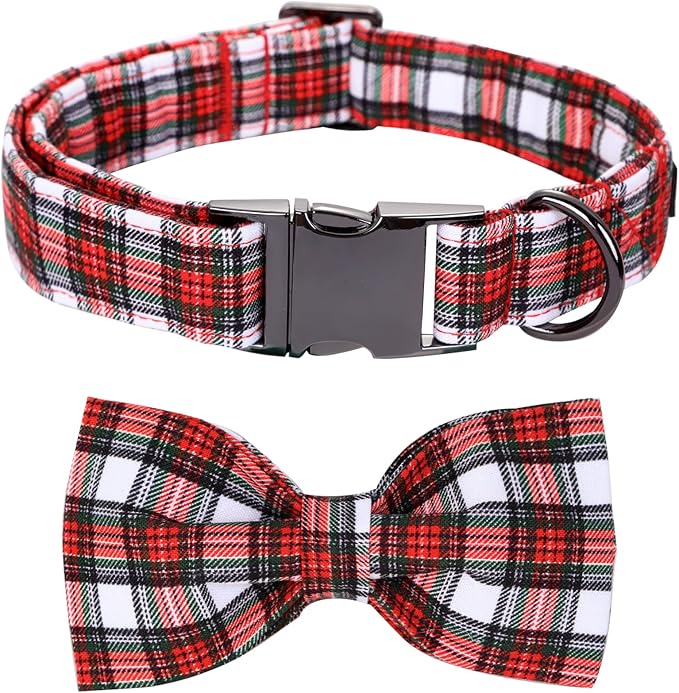 Christmas Dog Collar, Red Plaid Cotton Collars with Bow Adjustable Pet Collar Premium Metal Buckle, Christmas Puppy Necklace for Small Girl and Boy Dogs