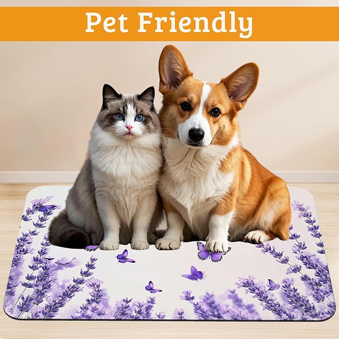 Pet Feeding Mat,Lavender Butterfly Absorbent Dog Cat Food Mat Purple Dog Mat with Rubber Backing,Non-Slip Water Bowl Placemat,Pet Supplies 12" x 20"