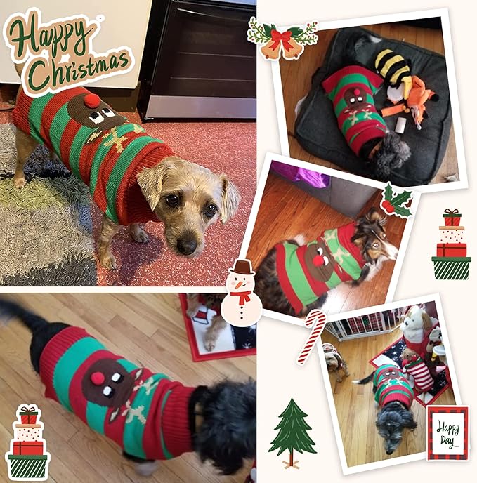 Dog Cat Christmas Sweater Boy Girl Ugly Reindeer Xmas Pet Clothes Holiday Puppy Costume New Year Gifts for Small Medium Large Dogs Outfits (XL, Red Green Stripe Reindeer)