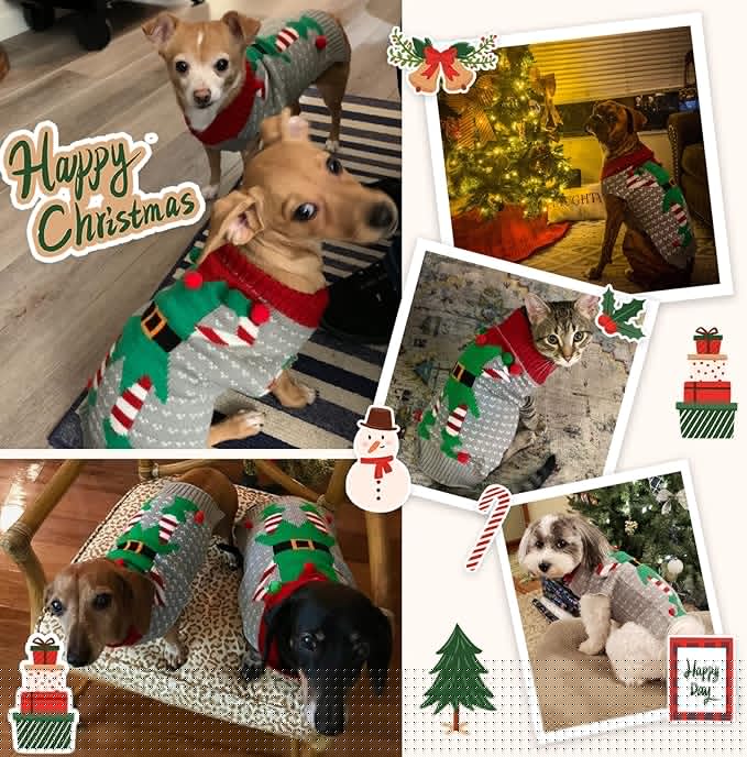 Dog Cat Ugly Christmas Sweater Boy Girl Xmas Pet Clothes Holiday Puppy Costume New Year Gifts for Small Medium Large Dogs Outfits (XL, Grey Elf)