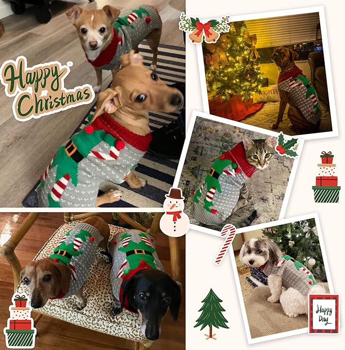 Dog Cat Ugly Christmas Sweater Boy Girl Xmas Pet Clothes Holiday Puppy Costume New Year Gifts for Small Medium Large Dogs Outfits (L, Grey Elf)