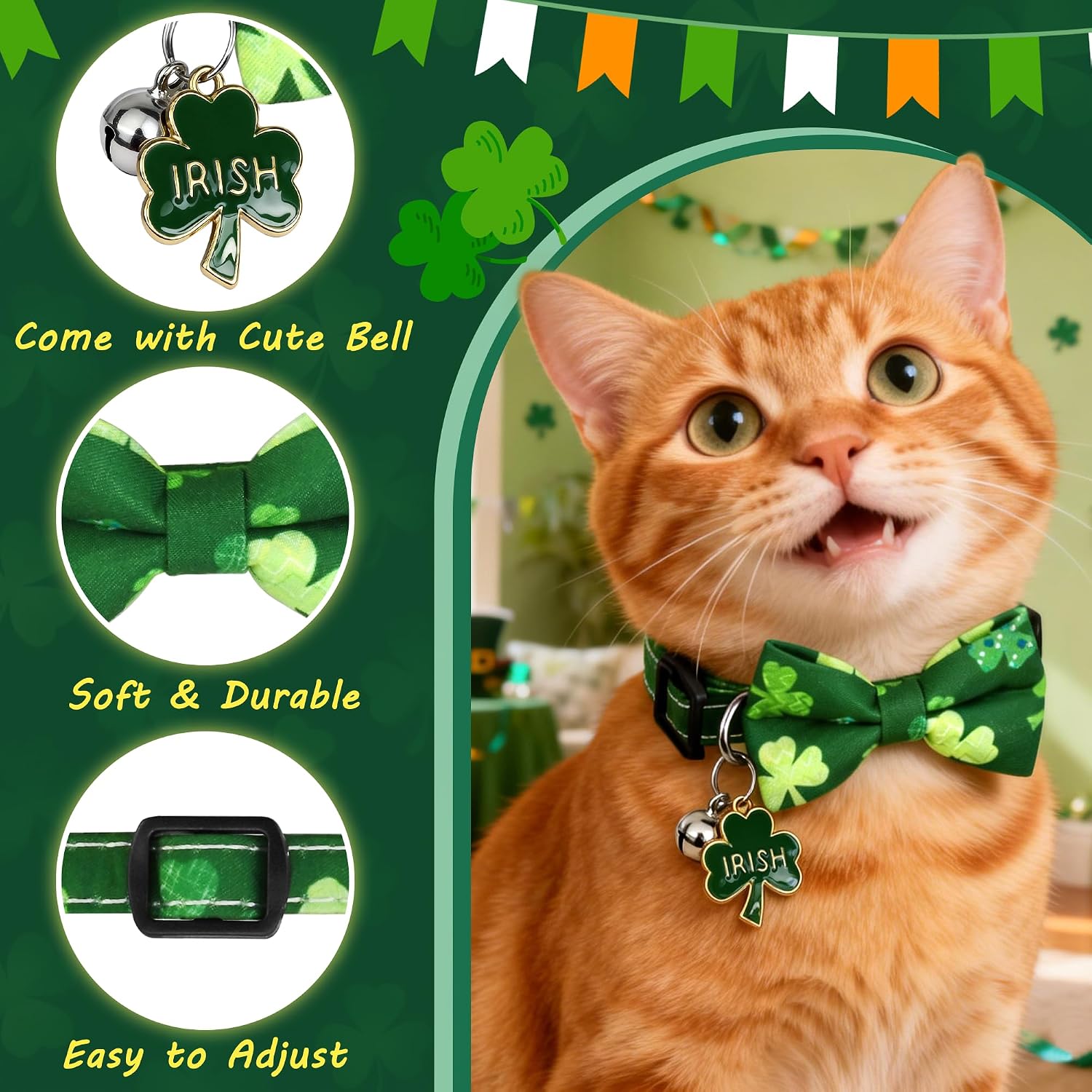 2 Pack Shamrocks Cat Collar Breakaway with Cute Bow Tie Bell Charm, Green Lucky Clover St Patricks Day Holiday Collars for Girl Boy Cats Kittens with Adjustable Safety Buckle