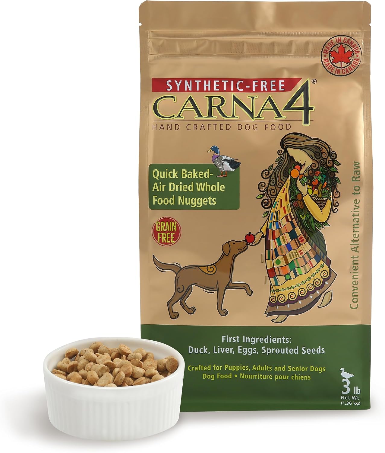 CARNA4 Air Dried Dog Food, Duck Recipe, Grain-Free, 3 Pound | Fresh Canadian Duck & Sprouted Seeds, Quick-Baked & Never Extruded, No Synthetic Vitamins or Minerals