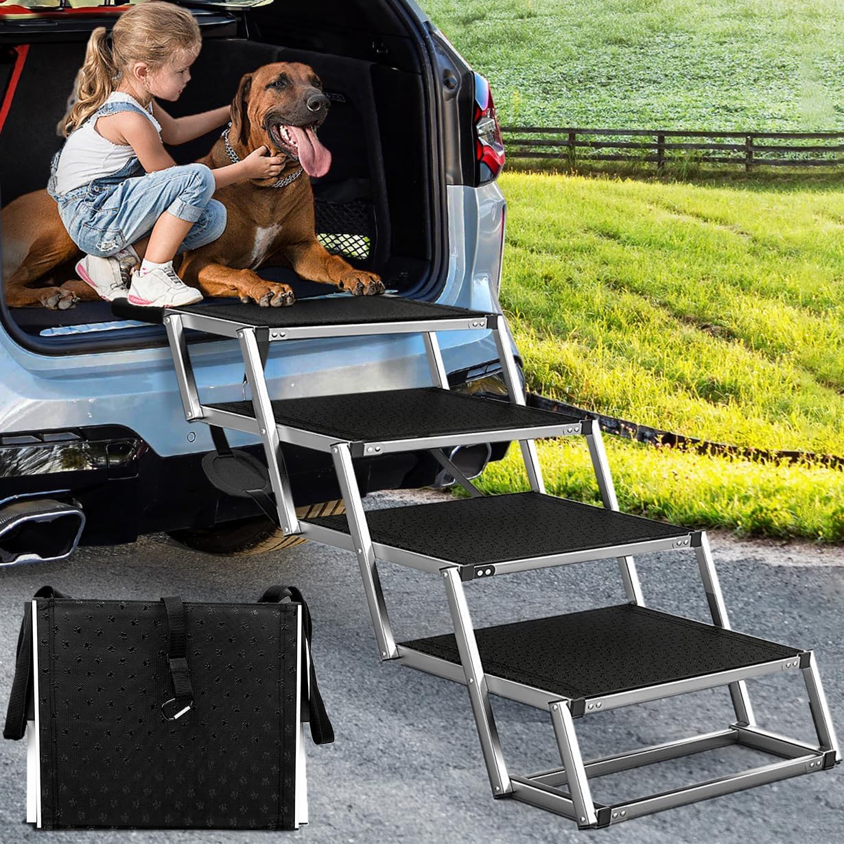 Dog Stairs for Large Dogs,Dog Stairs for Cars,Foldable Dog Ramp Pet Steps Light Weight Aluminum,Extra Wide Dog Stair for Large Dogs,High Beds, Trucks, Supports up to 200 lbs (Extra Wide-4 Steps)