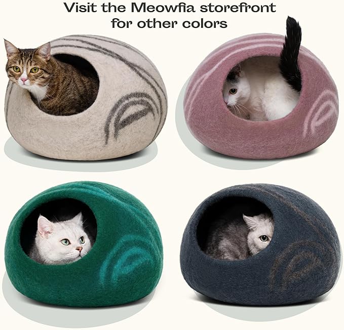 MEOWFIA Cat Cave – Premium Felt Cat Bed for Indoor Cats, Handmade Merino Wool (Ivory Rainbow, Large)
