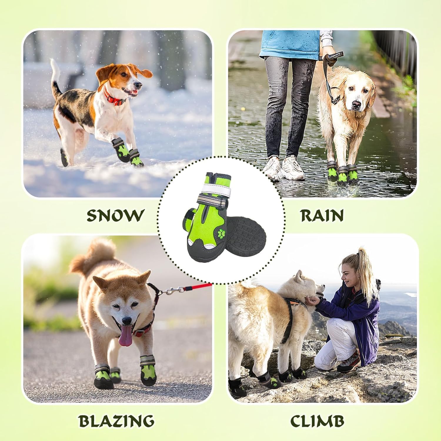 Dog Shoes for Large Dogs, 360°Anti Slip Medium Dog Boots & Paw Protectors Winter Snowy, Waterproof 4Pcs Dog Booties with Reflective Strips (Size 5: 2.37''x2.87''(W*L), Green)