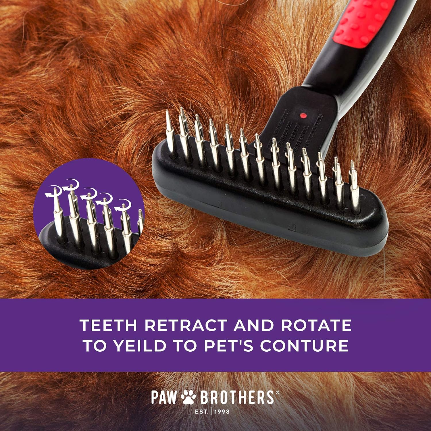 RYAN'S PET SUPPLIES Paw Brothers Magic Spring Undercoat Rake for Dogs, Professional Grade, Spriing Loaded Pins, Comfort Grip, 6.8 in
