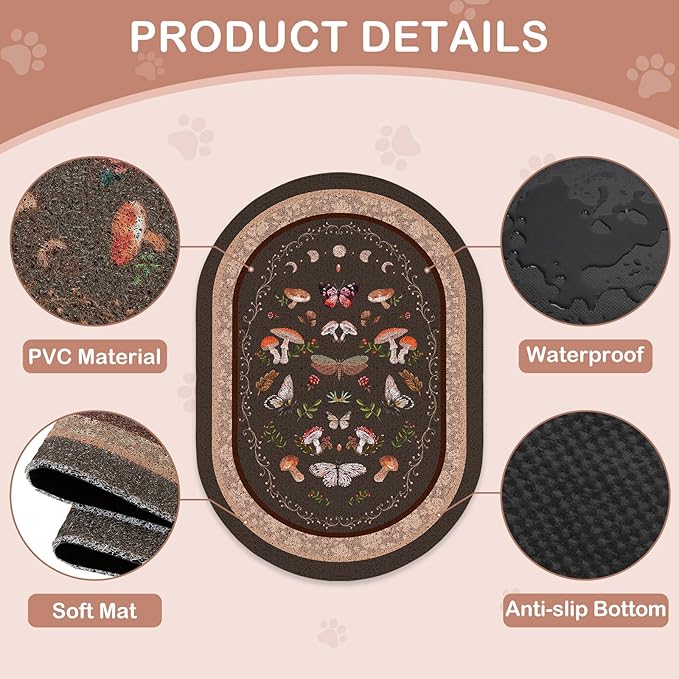 Bienbee Cat Litter Mat, 24" x 15" Litter Box Mat Rug with Non-Slip Bottom,Urine and Water Proof, Easy to Clean Cat Supplies Essentials for Indoor Kitty Kitten Floor, Brown Mushrooms M