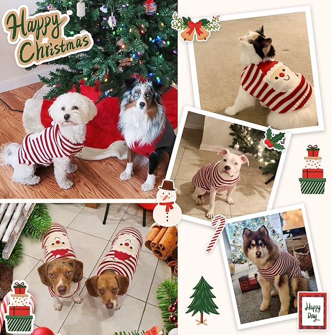 Dog Christmas Sweater Xmas Pet Clothes Cute Striped Santa Claus Costume Holiday Puppy Cat Jumpers Outfits New Year Gifts for Small Medium Large Dogs (L, Red White Stripe Santa Claus)
