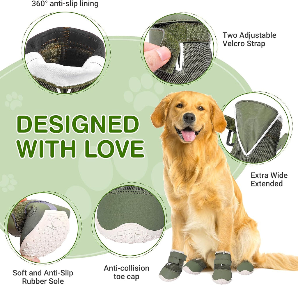 DcOaGt Dog Shoes Large Size Dogs,Mesh Breathable Dog Boots Dog Booties | 360°Anti-Slip Waterproof Paw Protectors for Hot Pavement Summer Winter Snow for Hardwood Floor Hiking,Military Green,4PCS
