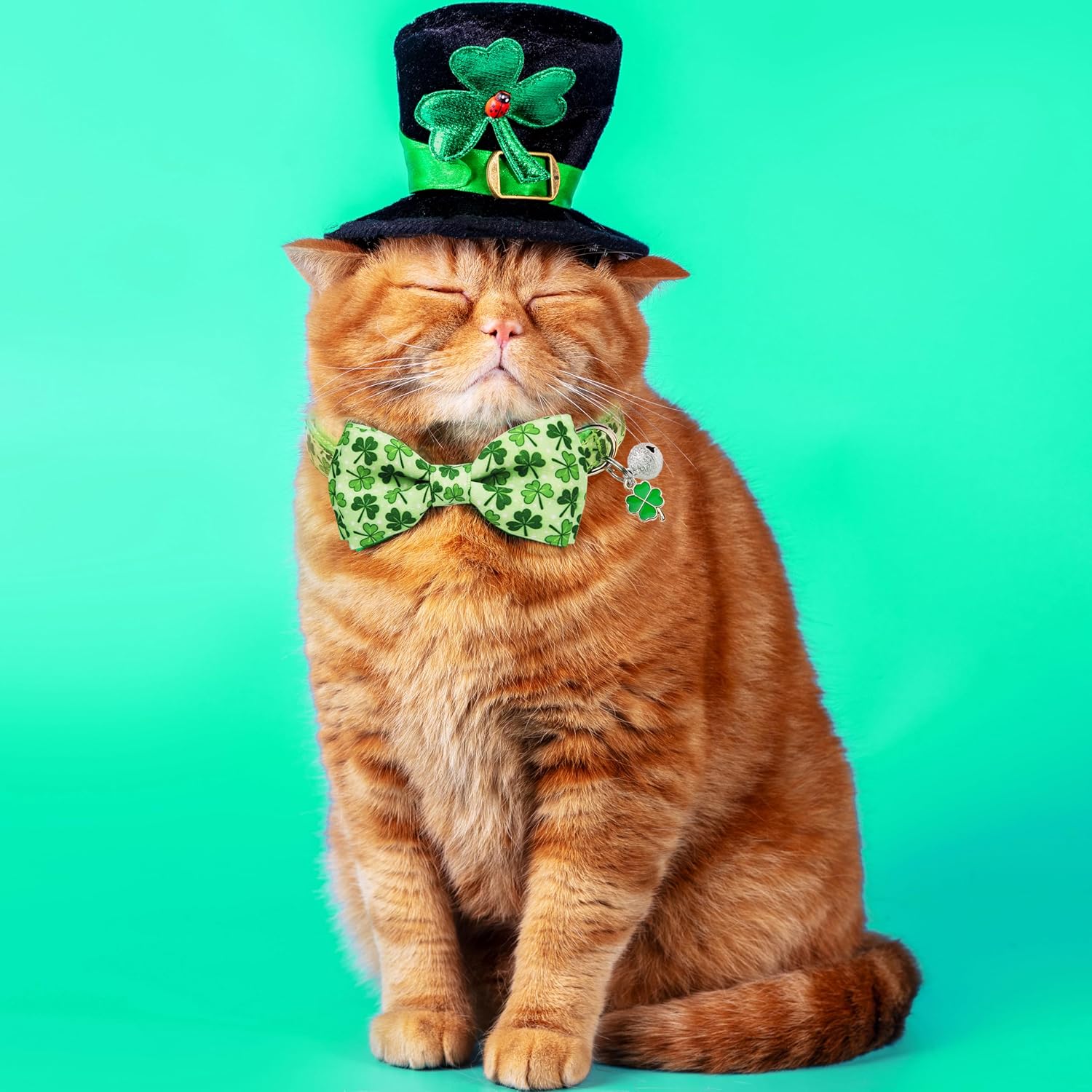 St. Patrick’s Day Cat Collar Set 2Pack Adjustable Breakaway Cat Collars with Bow Tie & Bell, Green Four-Leaf Clover Kitty Collars for Holiday Costume, Safe & Comfortable for Cats and Kittens