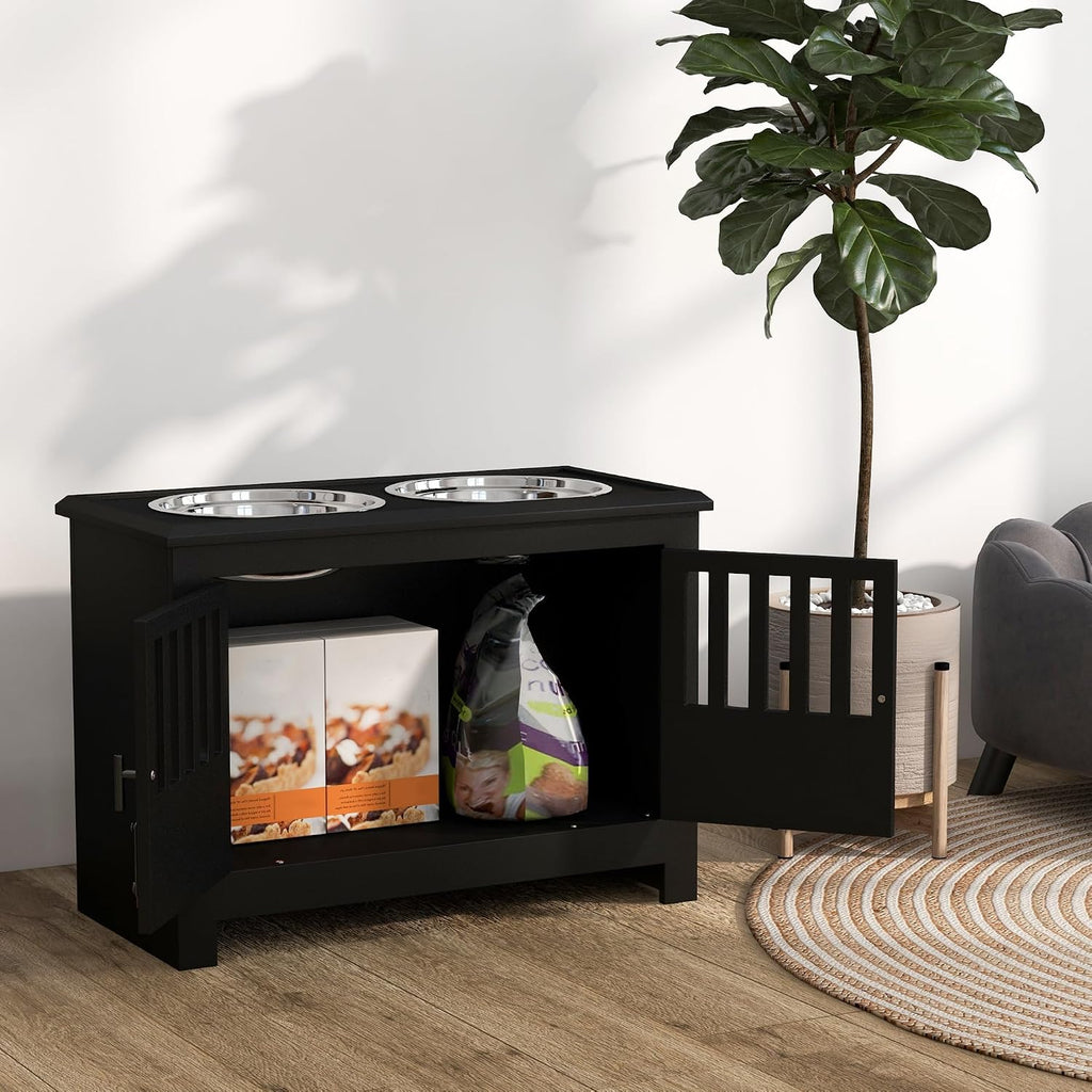 Large Elevated Dog Bowls with Storage Cabinet Containing Large 37L Capacity, Raised Bowl Stand Pet Food Bowl Dog Feeding Station, Black