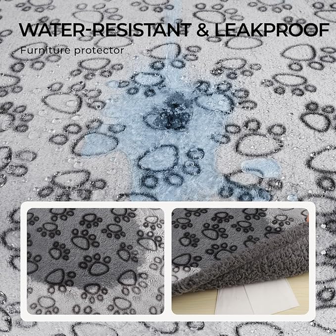 Luciphia Waterproof Pet Blankets for Couch Sofa Bed Cover Liquid Pee Proof Washable Soft Fluffy Large Dog Blanket Reversible Furniture Protection Paw Grey X-Large（85" x 57"）