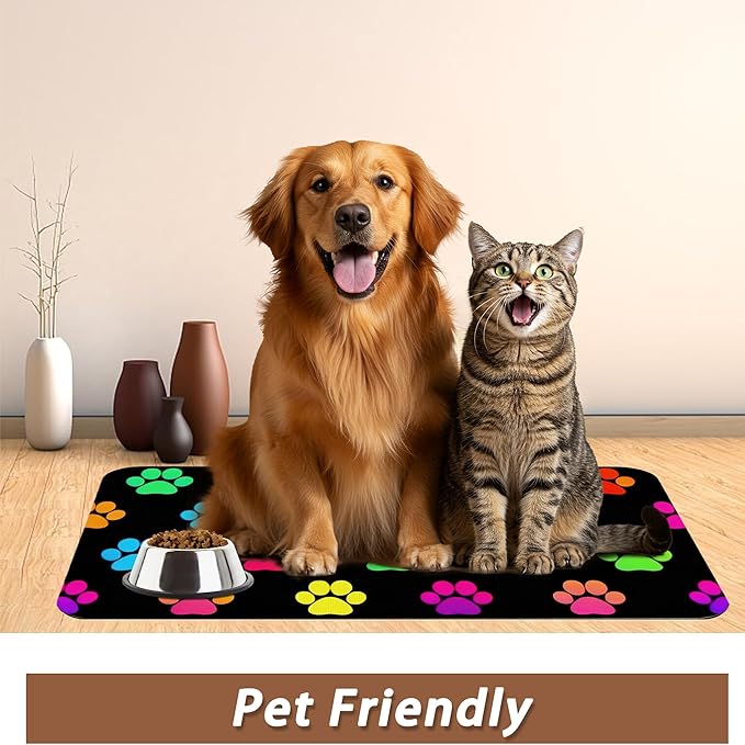 Cat Gradient Paw Print Dog Food Mat for Floors,Absorbent Pet Food and Water Bowl Mats,Non-Slip Pet Feeding Mat,Pet Supplies 16" x 24"