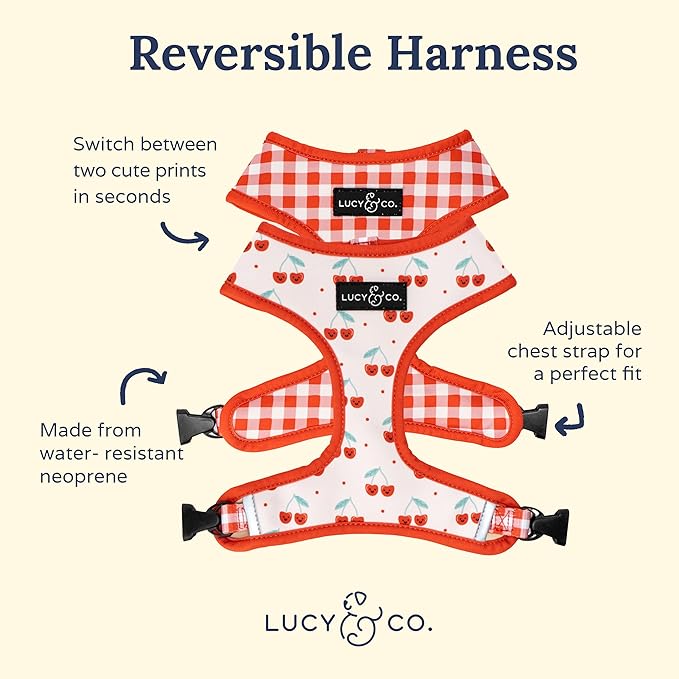 Lucy & Co. Cheery Cherries, Cute Reversible Dog Harness Walking Halter - Best Designer Pet Harnesses for XS - XL Dogs - Padded Adjustable Vest for Easy Walking (Large)